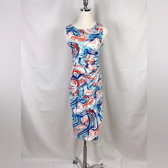 Tahari ASL Sleeveless Sheath Dress Midi Multicolor Geometric Print Sz 6 New - Picture 2 of 12